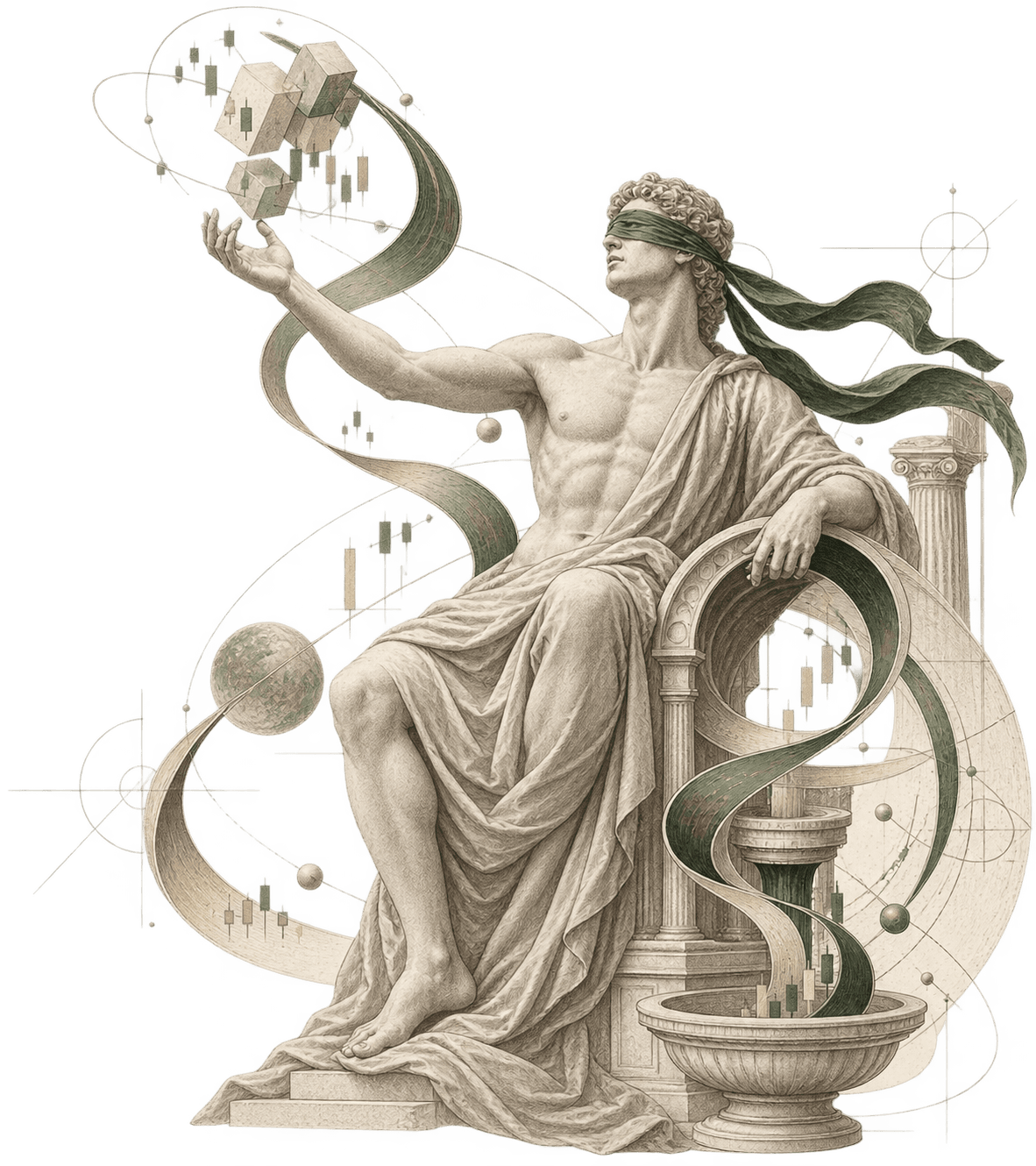 A blindfolded classical figure weighing tokenized stock data, seated over a ribboned hourglass