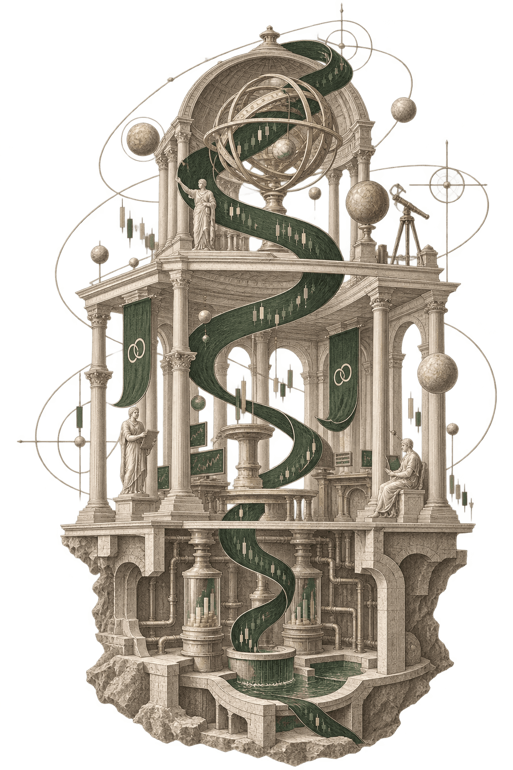 A Renaissance cutaway of a domed observatory temple, an armillary sphere at its crown, threaded top to bottom by a candlestick-marked green ribbon